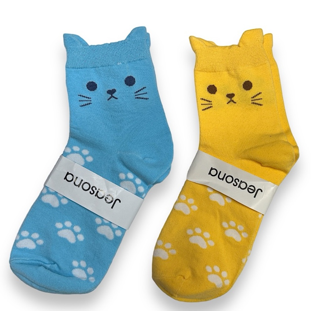 Jeasona | Blue and Yellow Kitty Socks (1 pair of each) - Size 5-8